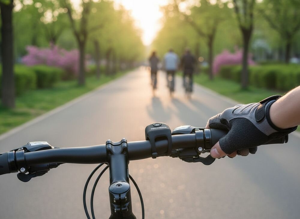 Dzwonek rowerowy ROCKBROS CB1709BK Czarny, Dzwonek, rower, bezpieczeństwo, sygnał, Widok z perspektywy rowerzysty na ścieżkę w parku.