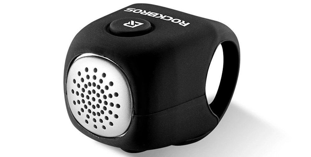 Dzwonek rowerowy ROCKBROS CB1709BK Czarny, 90 dB, tryby, dźwięk, widoczność, Czarny dzwonek elektroniczny na białym tle.