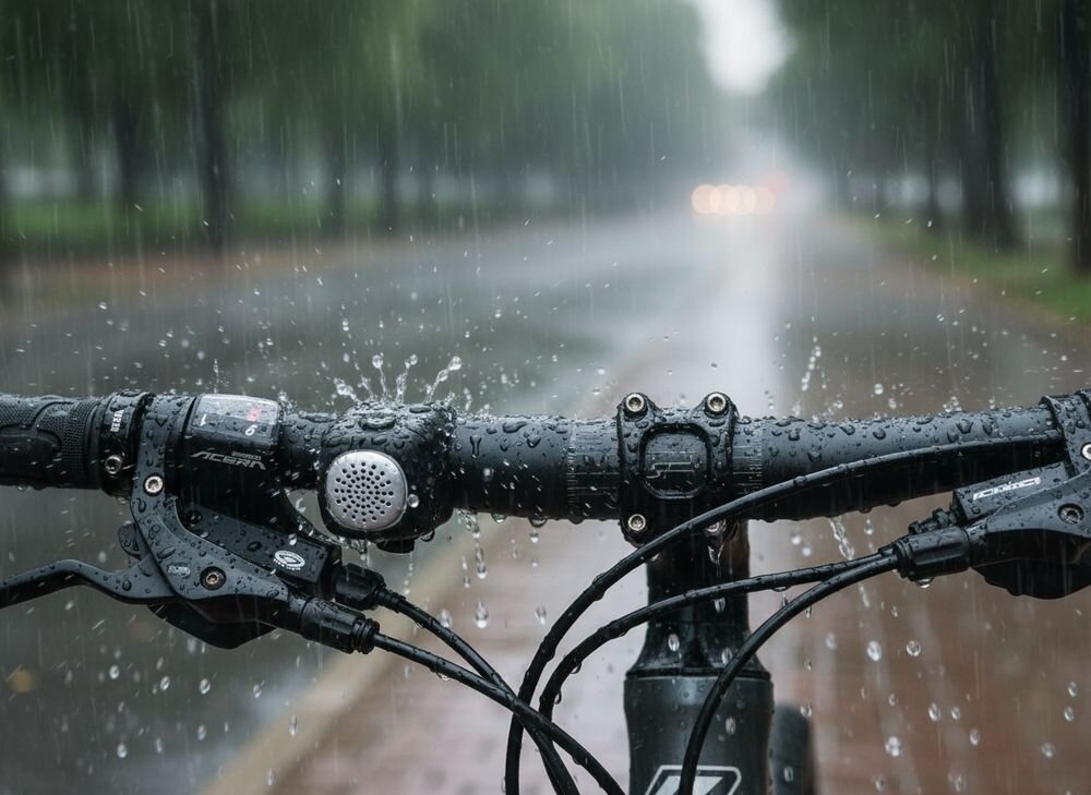 Dzwonek rowerowy ROCKBROS CB1709BK Czarny, Odporność, pogoda, trwałość, materiał, Dzwonek na kierownicy roweru podczas opadów deszczu.