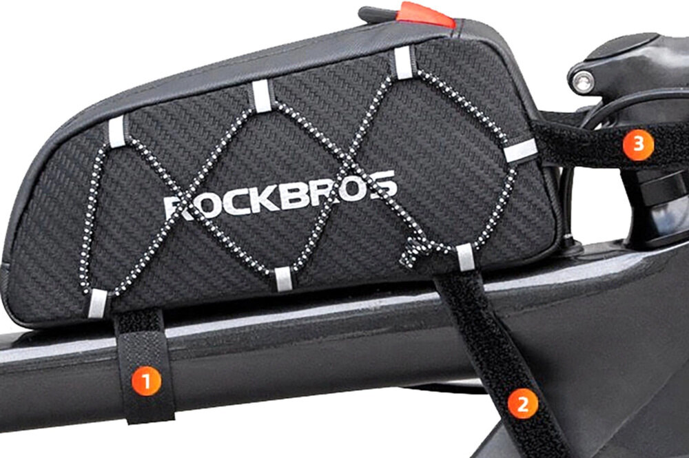 Torba rowerowa na ramę ROCKBROS 039BK  zdjęcie lifestyle Szybki montaż na ramie Trzy paski na rzepy Stabilne umiejscowienie