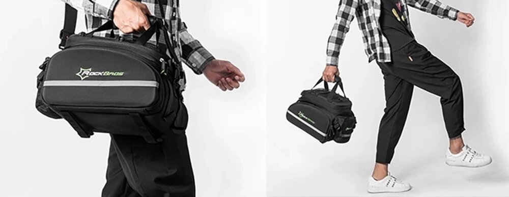 Torba rowerowa na bagażnik ROCKBROS A6-03BK zdjęcie lifestyle Wygodne przenoszenie  za pomocą uchwytów  dołączonego paska na ramię Mocowanie do bagażnika za pomocą pasków