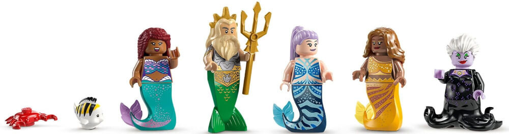 LEGO 43225 Disney Królewska muszla Małej Syrenki siedem wiernie odwzorowanych postaci Ariel, Król Tryton, Karina, Indira, Urszula,
Sebastian i Florek