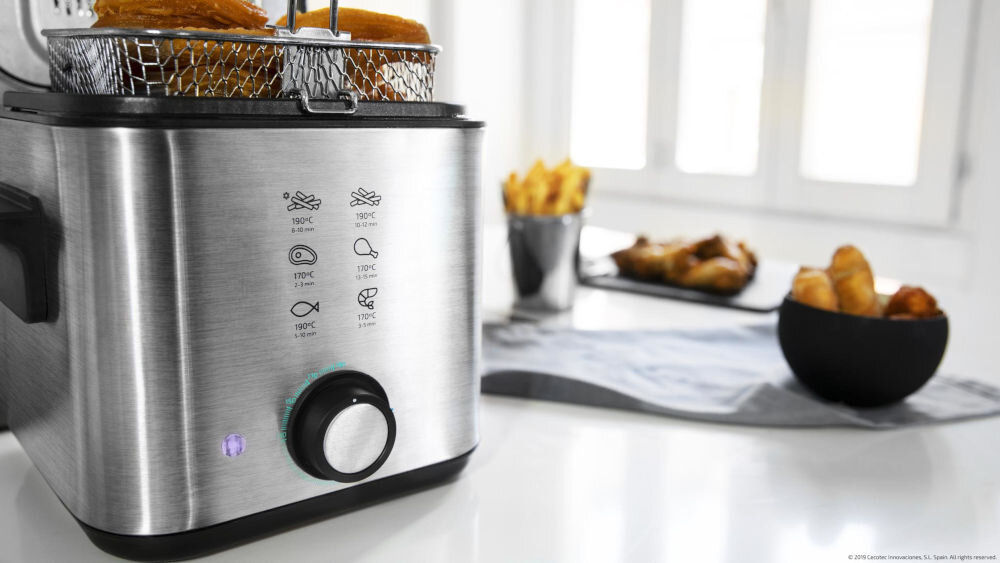 Frytownica CECOTEC CleanfrY Infinity 1500 precyzyjna regulacja temperatury do 190 stopni dopasowanie parametrów do różnych potraw legenda z temperaturami dla popularnych dań lepsza kontrola praktyczne rozwiązanie 