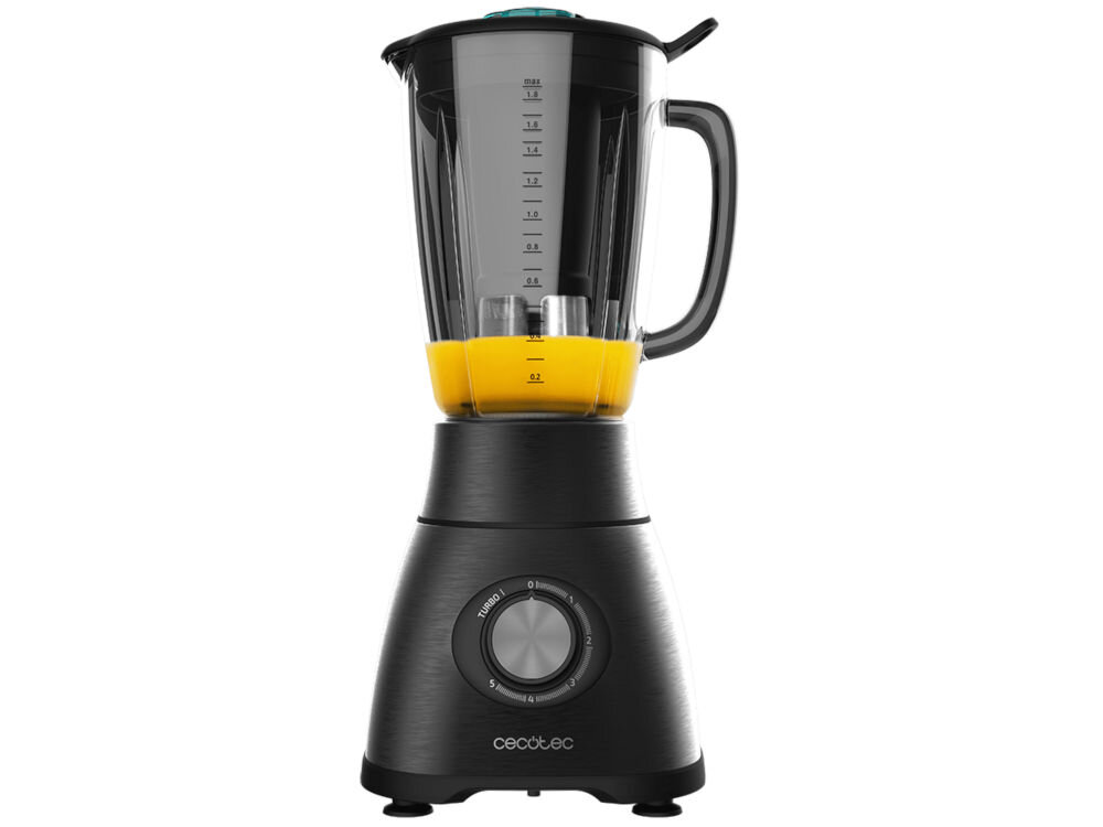 Blender kielichowy CECOTEC Power Black Titanium 1800 Go moc 1800 W efektywne urządzenie praca bez zakłóceń rozdrabnianie twardych składników wysoka prędkość obrotowa ostrzy 22 tysiące obrotów na minutę płynne szybkie przygotowanie koktajli smoothie