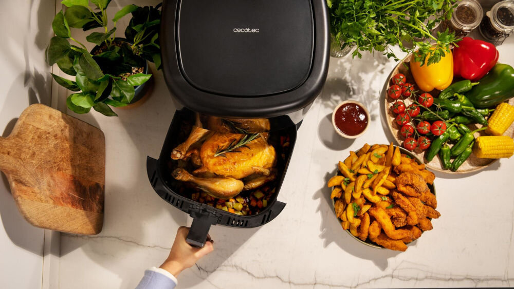 Frytkownica beztłuszczowa CECOTEC Cecofry Bombastik 6000 Full Air Fryer technologia PerfectCook idealna tekstura cyrkulacja gorącego powietrza soczyste w środku chrupiące na zewnątrz równomierne ogrzewanie wysoka jakośc posiłków zdrowe pełne smaku potrawy łatwe smaczne gotowanie