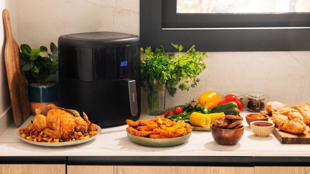 Frytkownica beztłuszczowa CECOTEC Cecofry Bombastik 6000 Full Air Fryer moc 1700 W szybkie efektywne przygotowanie potraw różne składniki typy dań szybkie gotowanie wysoka moc smaczne dobrze przygotowanie potrawy