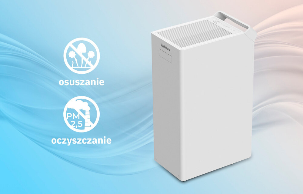 Osuszacz WEBBER DEC600 Gland Osuszanie i oczyszczanie Funkcja 2w1 komfort oddychania ogranicza rozwój pleśni, grzybów i roztoczy filtr siateczkowy kurz, pyłki i sierść przyjazny dla alergików, dzieci i osób wrażliwych