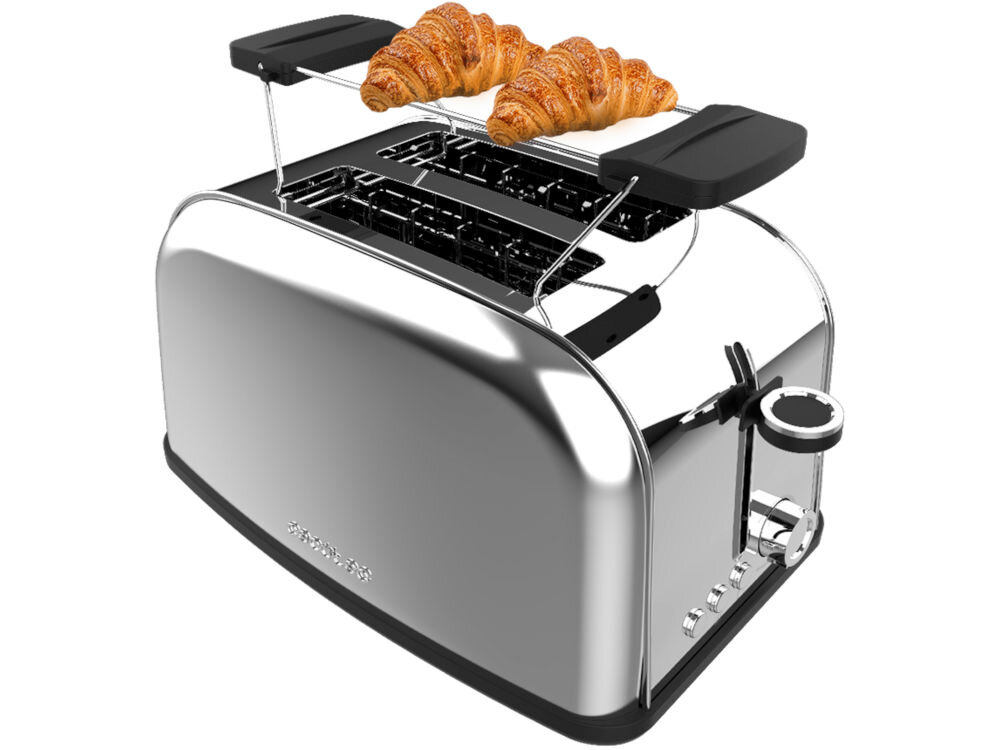 Toster CECOTEC ToastinTime 850 Inox kompaktowe urządzenie wymiary 30,7 x 20,8 x 19,3 cm otwory o szerokości 3,8 cm opiekanie różnego rodzaju pieczywa smaczne chrupiące tosty szybki posiłek na ciepło