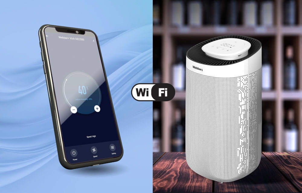 Osuszacz WEBBER DEC500 VICH funkcja Wifi zdalne sterowanie aplikacja na telefon Android iOS wygodne monitorowanie i kontrolowanie pracy z dowolnego miejsca czyste odpowiednio nawilżone powietrze lepsza jakośc życia i zdrowia mieszkańców