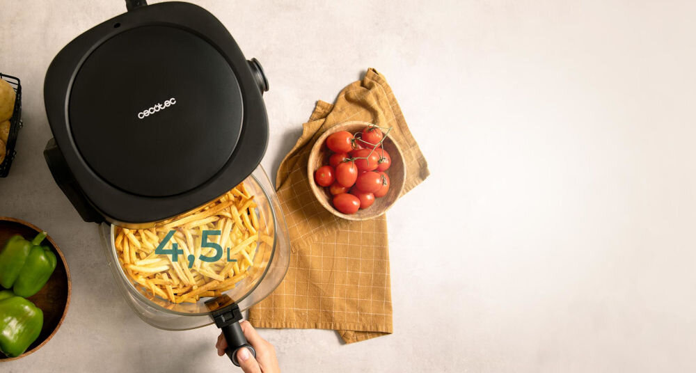 Frytkownica beztłuszczowa CECOTEC Cecofry Flip&Grill 4500 Air Fryer pojemność 4,5 l duża pojemność większe porcje ułatwienie organizacji posiłków oszczędnosć czasu więcej potraw eksperymentowanie z różnymi przepisami