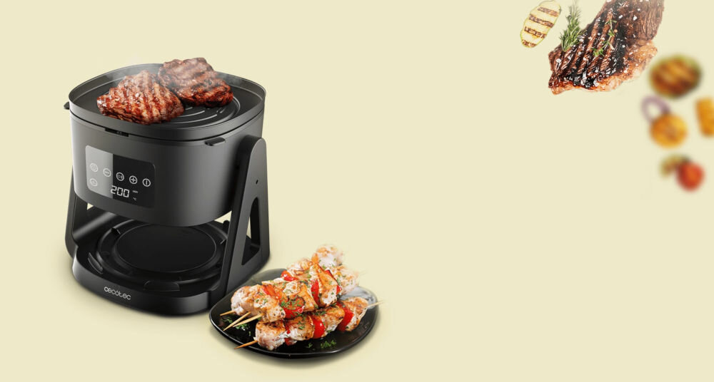 Frytkownica beztłuszczowa CECOTEC Cecofry Flip&Grill 4500 Air Fryer termostat regulacja temperatury w zakresie od 80 do 220 stopni dostosowanie parametrów gotowania delikatniejsze dania mocniejsze przypiekanie potraw optymalne rezultaty większa kontrola idealny smak i tekstura dań