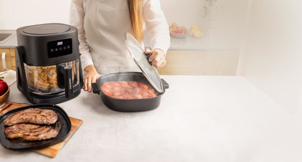 Frytkownica beztłuszczowa CECOTEC Cecofry Flip&Grill 4500 Air Fryer zestaw dodatkowych akcesoriów grill pojemnik z pokrywką rózne techniki gotowania dopasowanie urządzenia wygodne praktyczne korzystanie z urządzenia