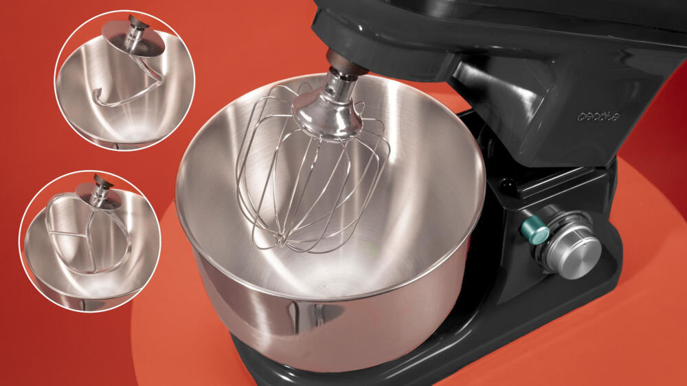 Robot kuchenny planetarny CECOTEC Cecomixer Merengue 1200 W system ochrony przed przegrzaniem zwiększona żywotnosć akcesoria hak do ciasta mieszadło trzepaczka do ubijania piany zwiększona funkcjonalność przygotowanie idealnego ciasta ubijanie piany mieszanie składników wszechstronne narzędzie 