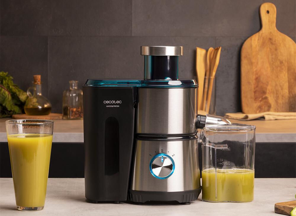 Sokowirówka CECOTEC Juice Fresh 400 Titan system zapobiegający kapaniu automatyczne zatrzymanie wypływania soku łatwiejsze utrzymanie czystości w kuchni swieży sok
