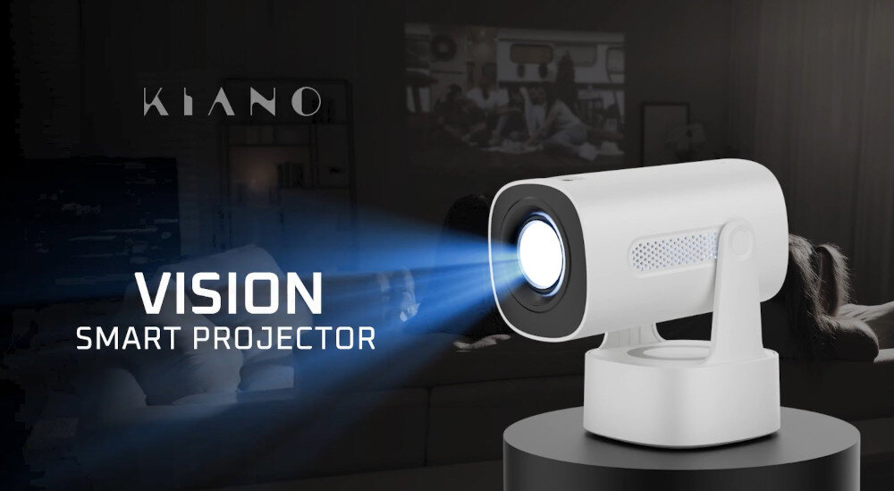 Projektor KIANO Vision Travel Set przenośny kino mobilność HD obraz dźwięk, projektor pod skosem na czarnej podstawce