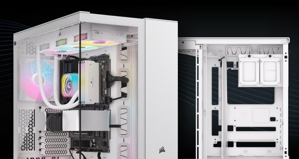 Obudowa CORSAIR 6500X Biały RGB Widok na tył i wnętrze białej obudowy komputerowej, pokazujący drugą komorę przeznaczoną na zasilacz i dyski oraz liczne przepusty na kable