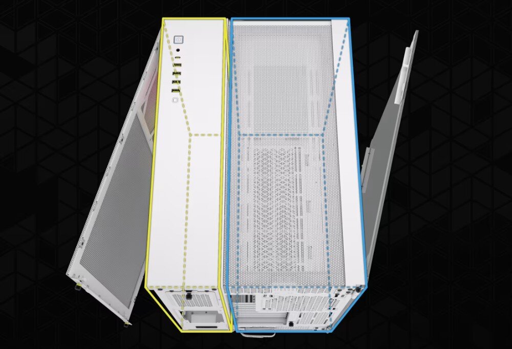 Obudowa CORSAIR 6500X Biały RGB Zbliżenie na trzy białe wentylatory z tęczowym podświetleniem LED, zamontowane pionowo obok siebie we wnętrzu obudowy