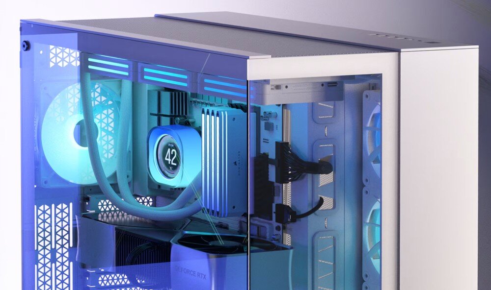 Obudowa CORSAIR 6500X Biały RGB Zbliżenie na biały panel przedni z czterema pionowo ustawionymi portami USB, jednym portem USB typu C oraz gniazdem audio jack