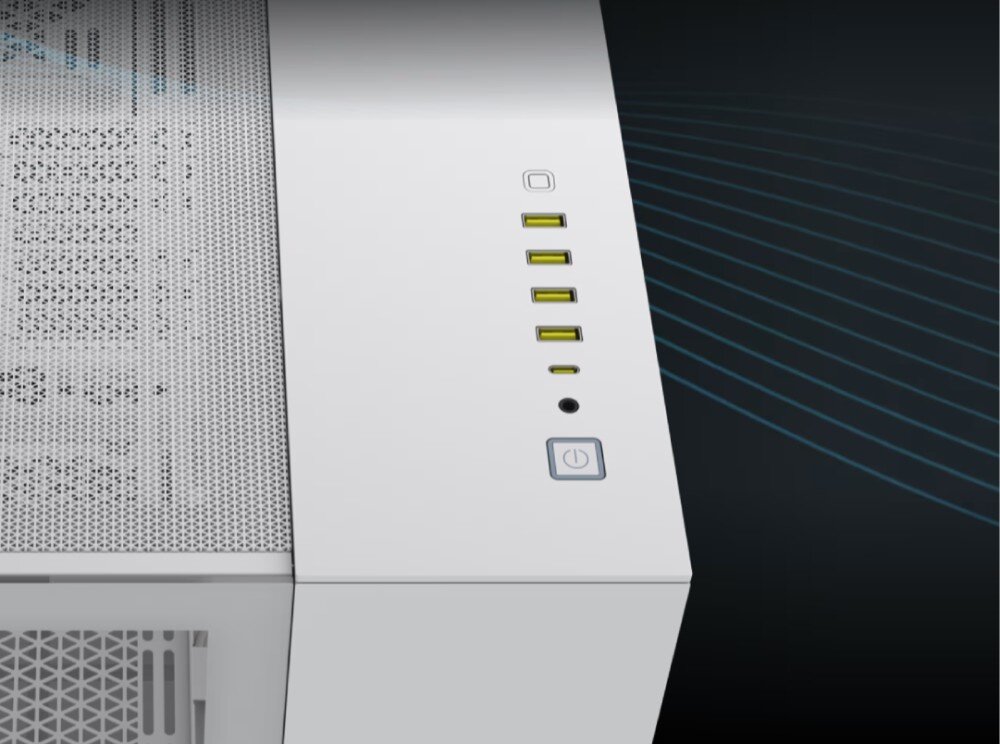 Obudowa CORSAIR 6500X Biały RGB Widok z boku na pustą białą obudowę komputerową z dwiema komorami, eksponujący dużą przestrzeń na kartę graficzną i miejsca montażowe dla wentylatorów