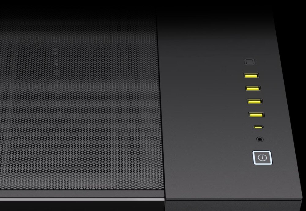 Obudowa CORSAIR 6500X Czarny RGB zbliżenie na porty i przyciski na górnym panelu USB-C podłączenie