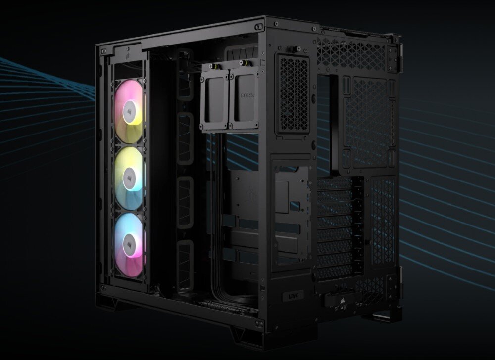 Obudowa CORSAIR 6500X Czarny RGB obudowa ustawiona tyłem ze zdjętymi panelami z widoczną komorą za płytą główną