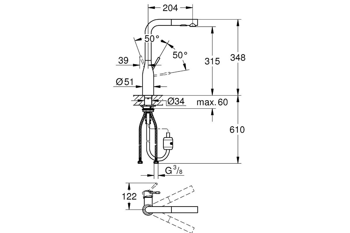 BATERIA KUCHENNA GROHE ESSENCE 30270DC0 STAL SZCZOTKOWANA Rysunek techniczny baterii kuchennej przedstawiający jej wymiary, zakres obrotu wylewki oraz parametry montażowe Informacje techniczne wylewka GROHE montaż jednootworowy SilkMove EasyDock wyciągana strumień SpeedClean obrotowa 360° zawór zwrotny kolor stal nierdzewna
