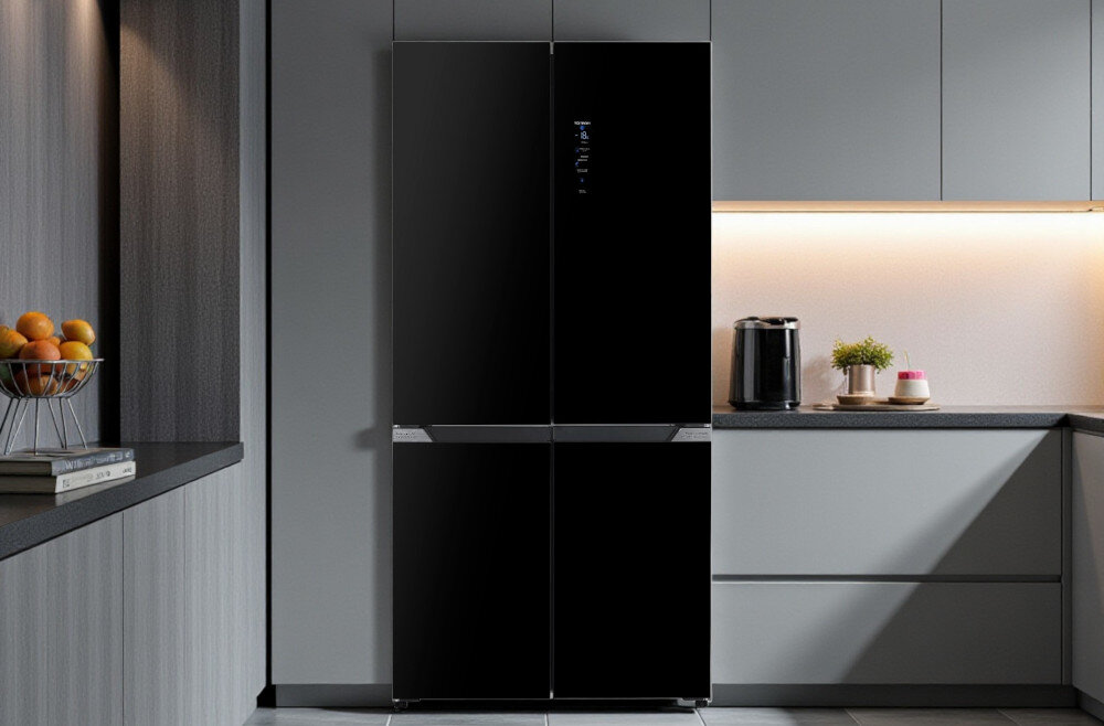 Lodówka BERG CZW190NBG03 Lodówka BERG w ciemnej, stylowej kuchni, wkomponowana w zabudowę, obok okna.