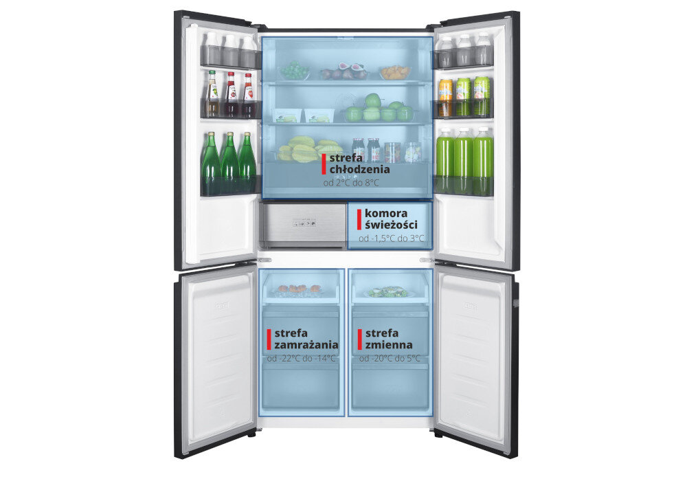 Lodówka BERG CZW190NBG03 Schemat z oznaczeniem stref w lodówce: strefa chłodzenia, komora świeżości, strefa zamrażania i strefa zmienna (multizone). cztery strefy temperatury różne produkty warzywa mięso nabiał mrożonki zakres temperatur -22°C do +8°C świeżość żywności indywidualne ustawienia organizacja zapasów