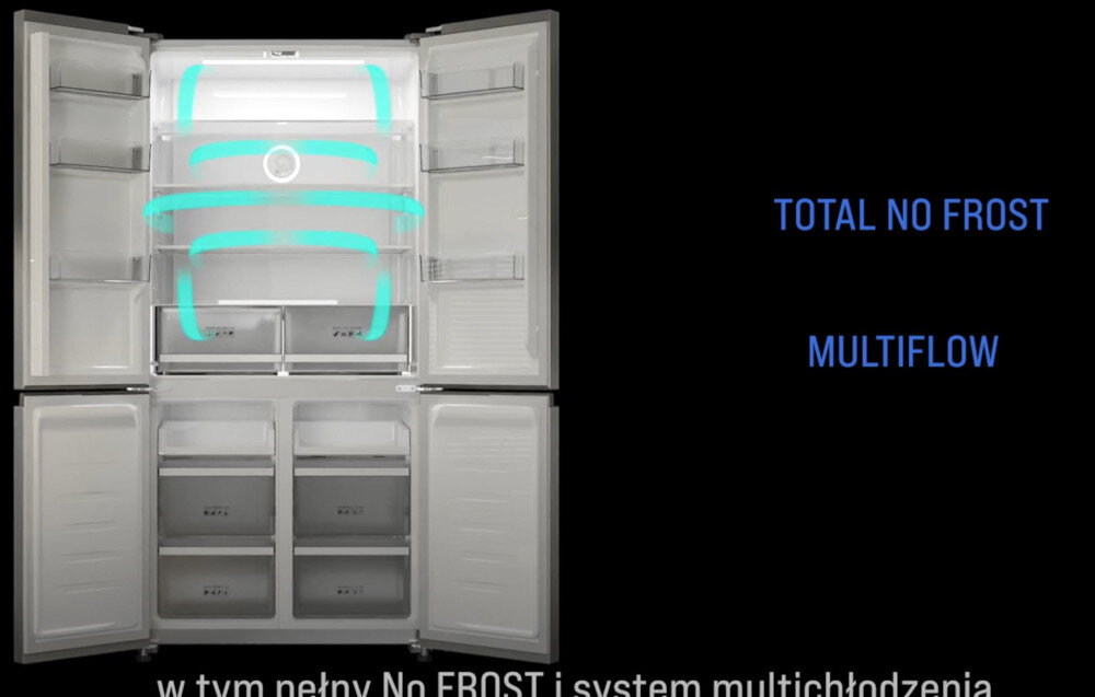 Lodówka BERG CZW190NBG03 Przekrój lodówki na czarnym tle, widoczne są strefy MULTIFLOW oraz TOTAL NO FROST, ilustrujące technologię równomiernego chłodzenia dwa obiegi powietrza Multi Air Flow równomierne chłodzenie stabilna temperatura brak mieszania zapachów świeżość żywności równomierne chłodzenie każda półka te same warunki przechowywania