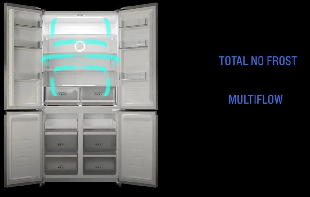 Lodówka BERG CZW190NBG03 Przekrój lodówki na czarnym tle, widoczne są strefy MULTIFLOW oraz TOTAL NO FROST, ilustrujące technologię równomiernego chłodzenia dwa obiegi powietrza Multi Air Flow równomierne chłodzenie stabilna temperatura brak mieszania zapachów świeżość żywności równomierne chłodzenie każda półka te same warunki przechowywania