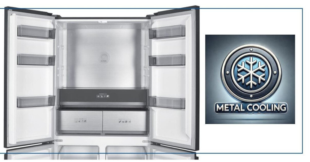 Lodówka BERG CZW190NBG03 Wnętrze lodówki typu French Door, pokazane są dwie dolne szuflady oraz ikona METAL COOLING, sugerująca chłodzenie Metal Cooling metalowy panel wnętrza szybkie chłodzenie stabilna temperatura świeżość produktów eleganckie wnętrze oświetlenie LED design praktyczna przestrzeń