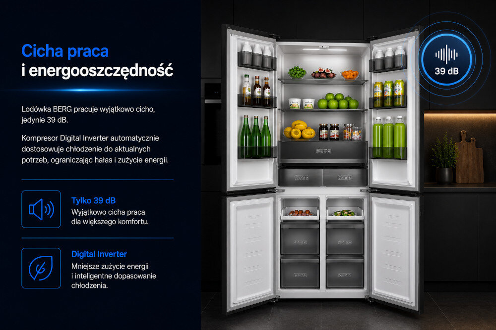 Lodówka BERG CZW190NBG03 Wnętrze lodówki, z informacją o głośności – 39 dB, wypełnione produktami typu napoje, warzywa i owoce cicha praca 39 dB kompresor Digital Inverter energooszczędna niski hałas automatyczne chłodzenie komfort użytkowania oszczędność energii do otwartych kuchni