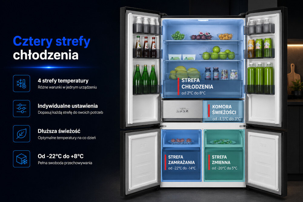 Lodówka BERG CZW190NBG03 Schemat z oznaczeniem stref w lodówce: strefa chłodzenia, komora świeżości, strefa zamrażania i strefa zmienna (multizone). cztery strefy temperatury różne produkty warzywa mięso nabiał mrożonki zakres temperatur -22°C do +8°C świeżość żywności indywidualne ustawienia organizacja zapasów