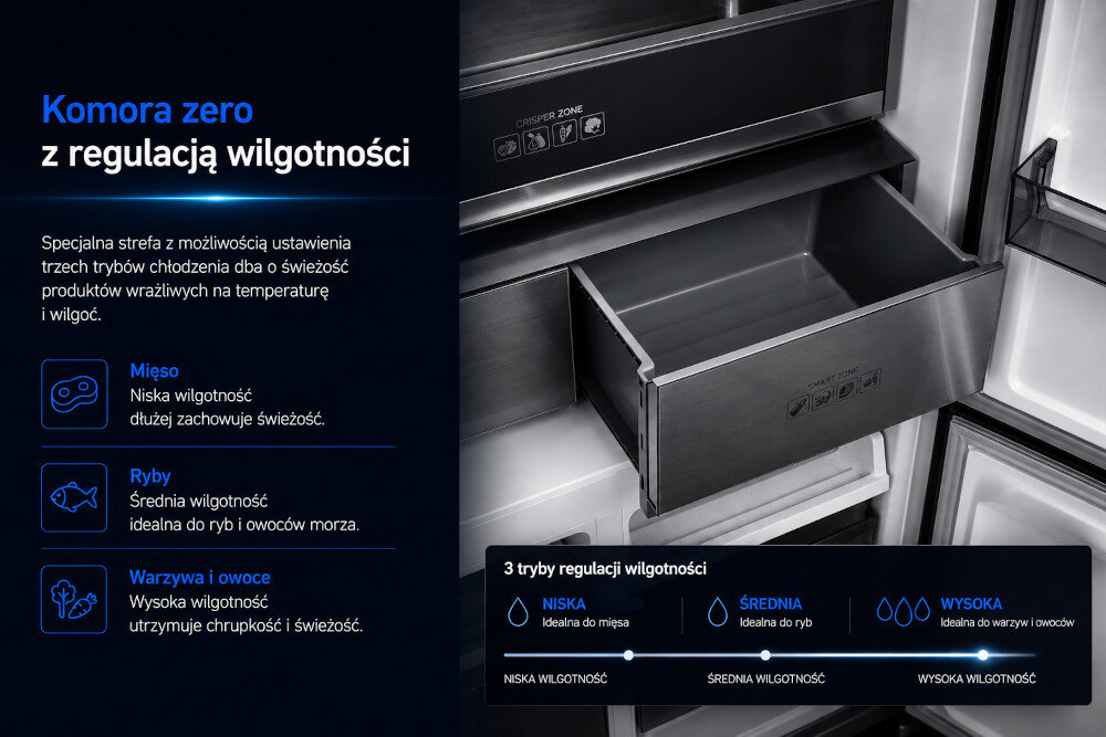 Lodówka BERG CZW190NBG03 Wysuwana szuflada w lodówce, prawdopodobnie przeznaczona do świeżej żywności typu warzywa i owoce (crisper zone) specjalna strefa chłodzenia trzy tryby chłodzenia precyzyjna regulacja temperatura wilgotność świeżość produktów mięso ryby warzywa optymalne warunki smak wartości odżywcze