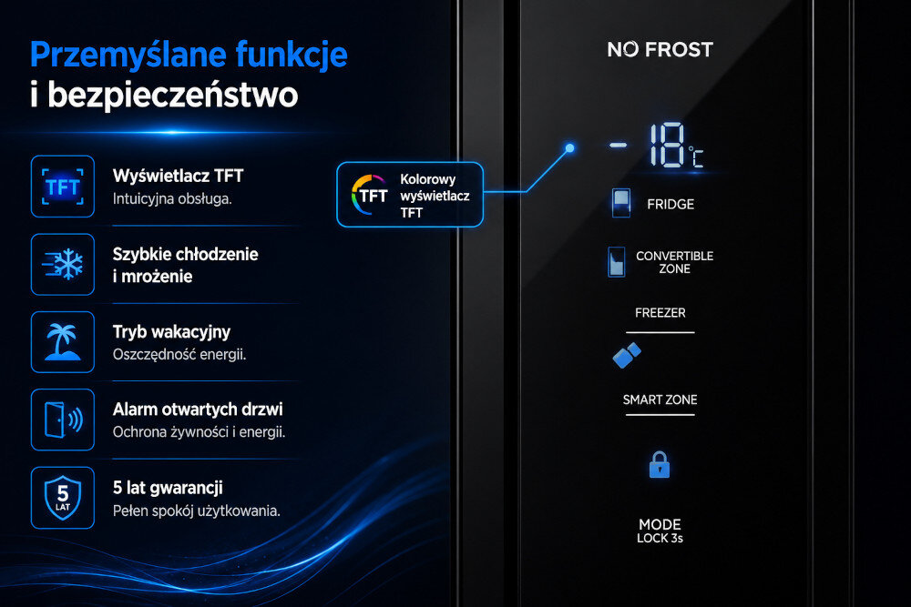 Lodówka BERG CZW190NBG03 Front lodówki z wyświetlaczem elektronicznym pokazującym temperaturę oraz logo BERG. Wskazuje funkcje NO FROST i różne strefy chłodzenia funkcje wyświetlacz TFT szybkie chłodzenie szybkie mrożenie tryb wakacyjny alarm otwartych drzwi oszczędność energii bezpieczeństwo żywności