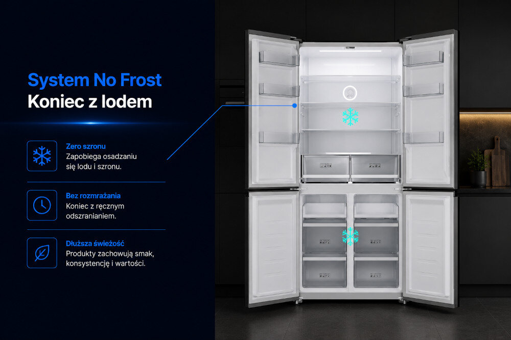 Lodówka BERG CZW190NBG03 Przekrój lodówki wewnątrz na czarnym tle, widoczne symbole informujące o technologii TOTAL NO FROST gwarantującej brak szronu technologia No Frost bezszronowa chłodziarka zamrażarka brak rozmrażania wygoda świeżość produktów zachowanie smaku łatwe użytkowanie