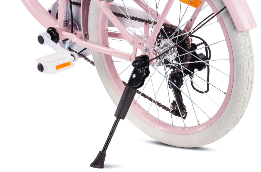 Rower dziecięcy SUN BABY Flower bike 20 cali dla dziewczynki Różowy zbliżenie na stopkę zdjęcie na białym tle stopka w centralnym punkcie ciężkości reflektory odblaskowe z przodu z tyłu i na szprychach roweru lepsza widoczność na drodze bezpieczeństwo dzwonek