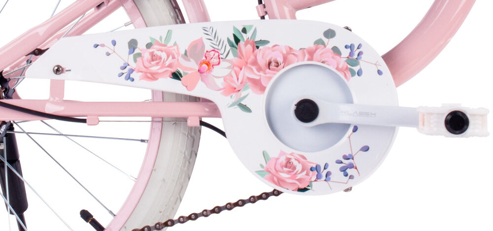 Rower dziecięcy SUN BABY Flower bike 20 cali dla dziewczynki Różowy zbliżenie na osłonę łańcucha zdjęcie na białym tle osłona łańcucha kwiatowa grafika zabezpiecza łańcuch przed brudem błotniki elegancki wygląd osłaniają odzież