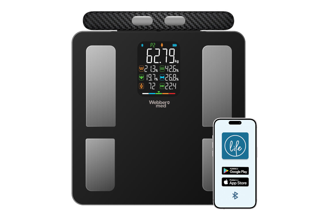 Waga WEBBER IF2825A moduł Bluetooth 5.0 stabilne połączenie z aplikacjami wyniki pomiarów automatyczne przesyłane do aplikacji wygodne śledzenie postępów szybkie połaczenie z urzadzeniami szybka bezproblemowa synchronizacja danych