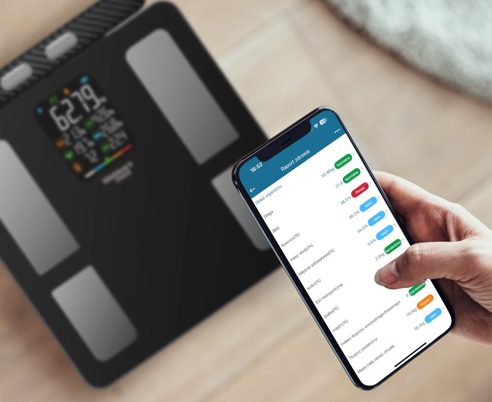 Waga WEBBER IF2825A płynna synchronizacja Apple Health Google Fit Fitbit Moving Life śledzenie postępów jedno wygodne urządzenie dla osób aktywnych regularne monitorowanie wyników dbanie o szczegóły pełny wgląd w swoje dane zdrowotne