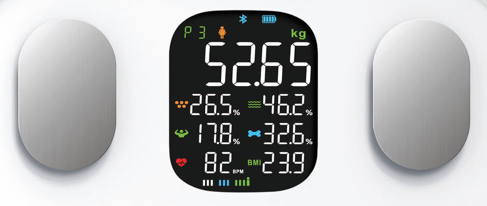 Waga WEBBER IF2825A minimalistyczny design wbudowany wyświetlacz LED wyjątkowa czytelność 8 kluczowych danych bezpośrednio na ekranie masa ciała procent tkanki tłuszczowej wskaźnik BMI szybki wygodny dostęp do najważniejszych informacji