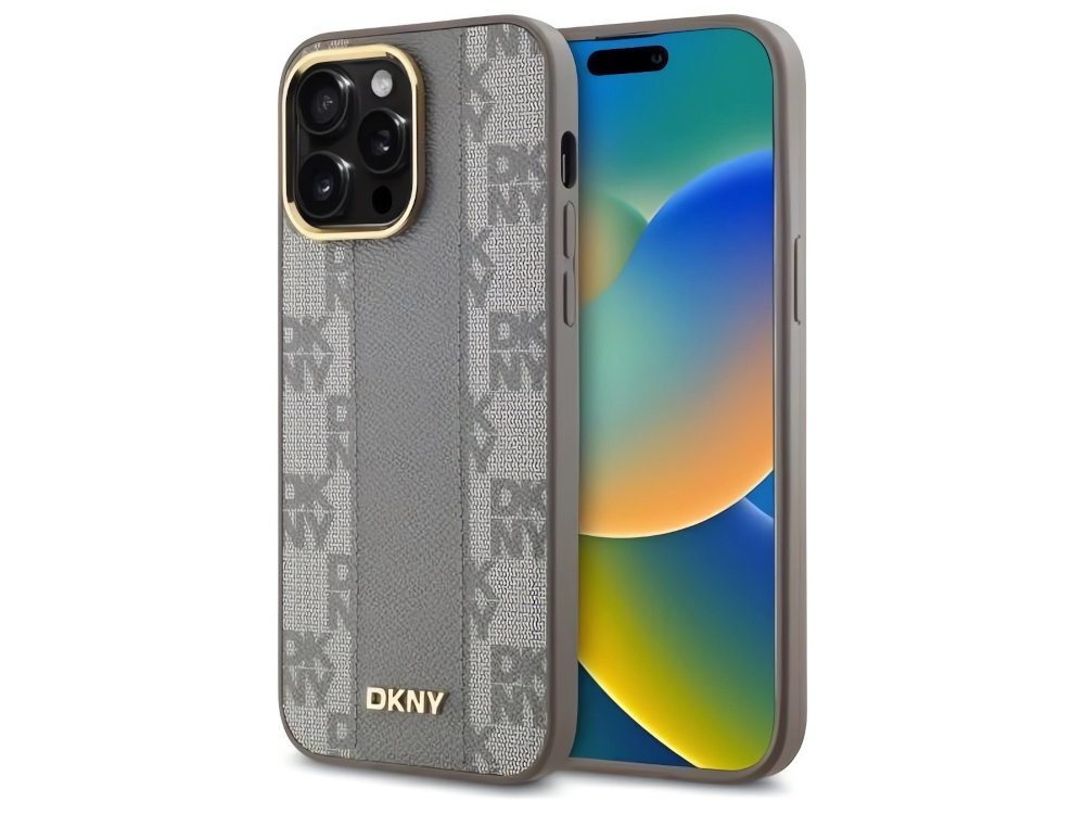 Etui DKNY Leather Checkered wzór szachownicy pionowy pas logo DKNY inicjałami marki