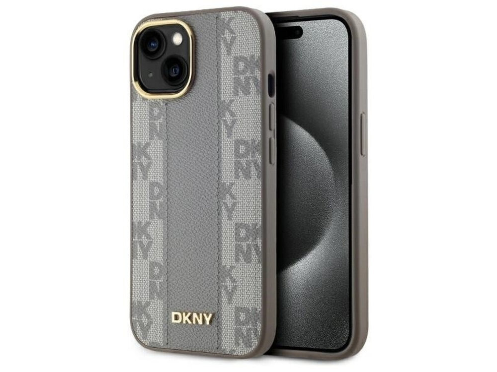 Etui DKNY Leather Checkered wzór szachownicy pionowy pas logo DKNY inicjałami marki