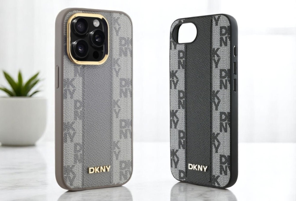 Etui DKNY Leather Checkered etui w odmianie jasnej i ciemnej z tylu kwiatek