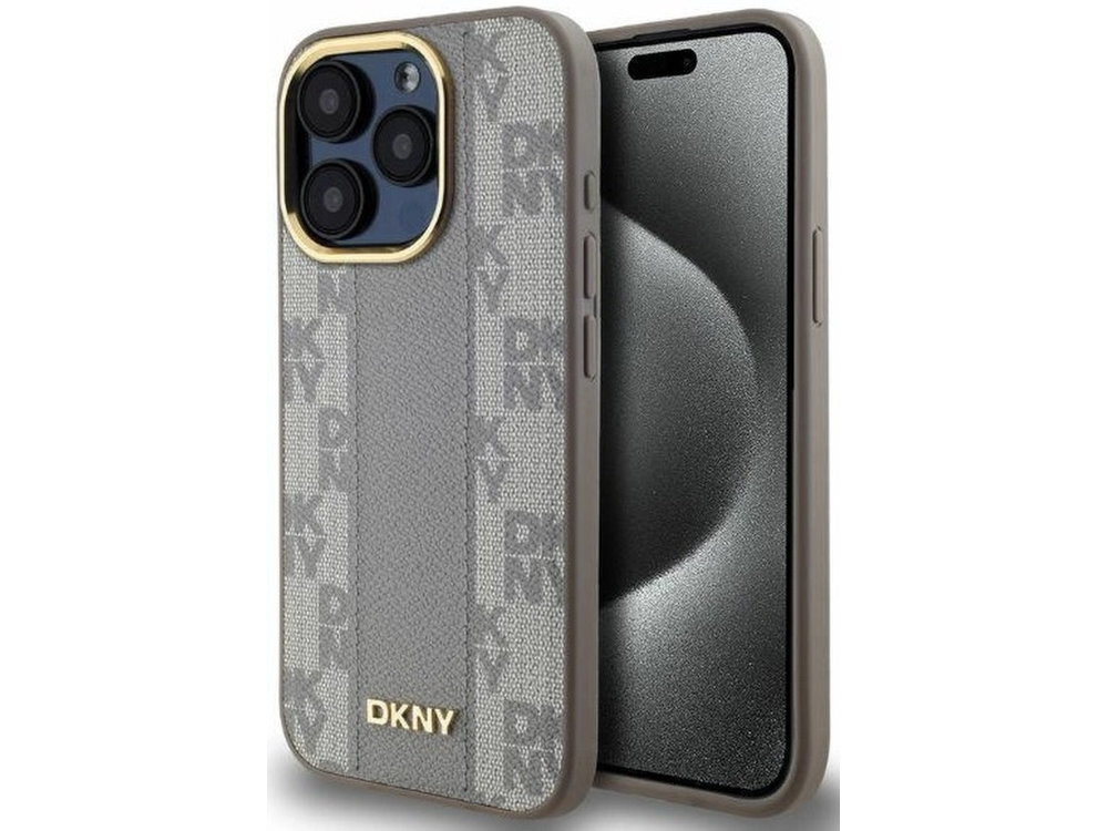 Etui DKNY Leather Checkered wzór szachownicy pionowy pas logo DKNY inicjałami marki