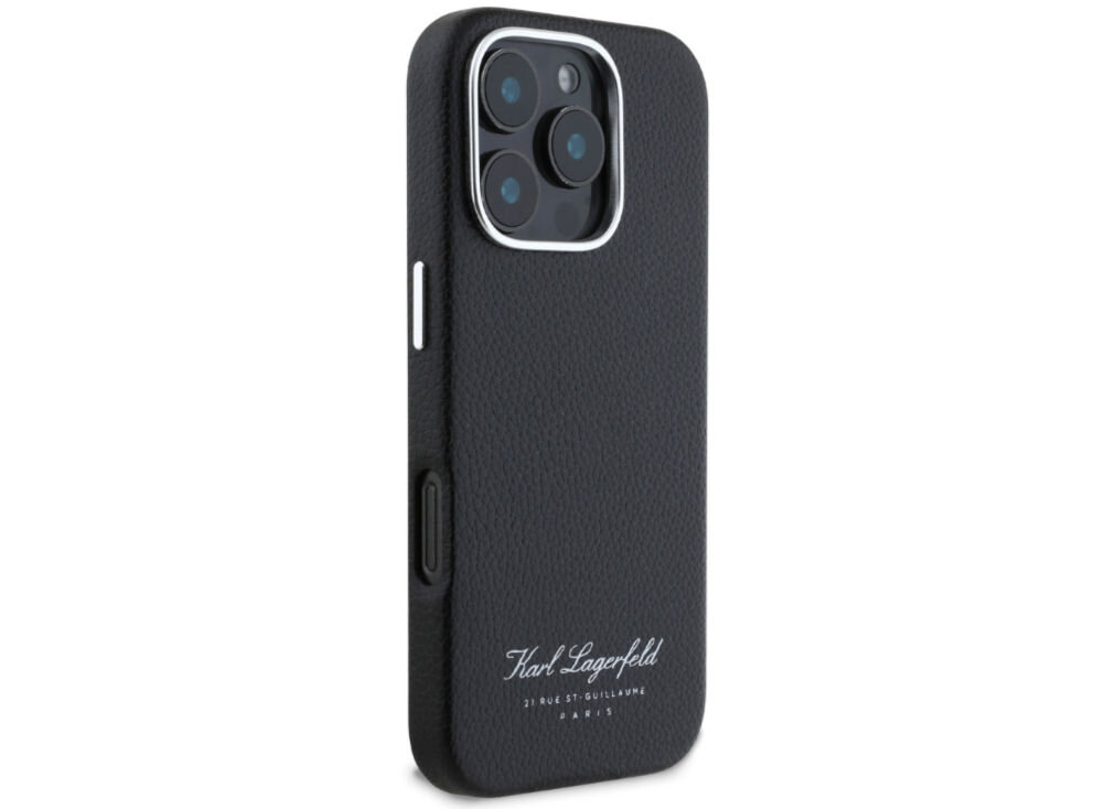 Etui KARL LAGERFELD Hotel RSG do Apple iPhone 16 Pro Czarny
            aluminiowa ramka wokół kamery metalowe przyciski eleganckie minimalistyczne wykończenie nazwa marki ikoniczny adres umieszczone w dolnej części design