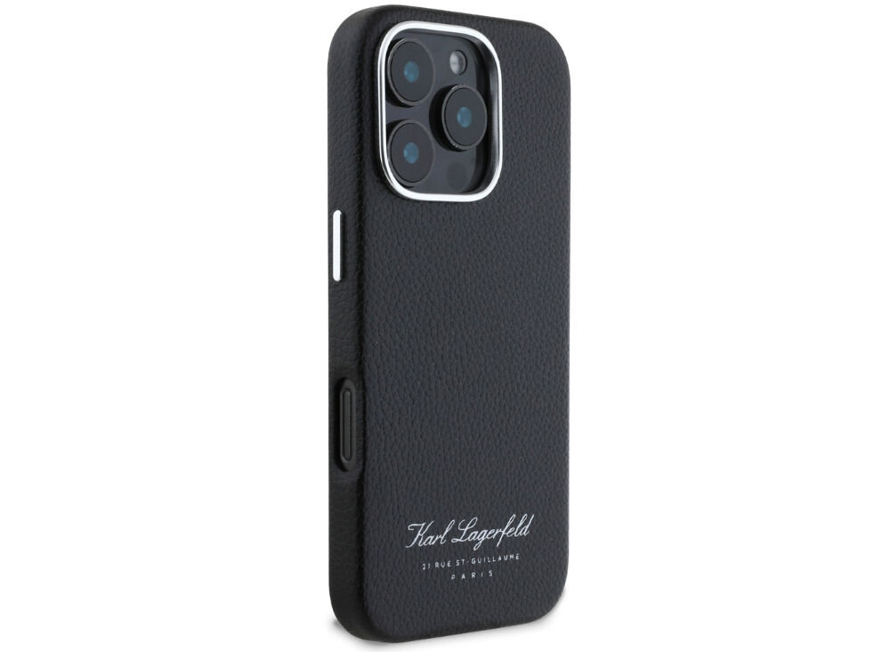Etui KARL LAGERFELD Hotel RSG do Apple iPhone 16 Pro Max Czarny
            aluminiowa ramka wokół kamery metalowe przyciski eleganckie minimalistyczne wykończenie nazwa marki ikoniczny adres umieszczone w dolnej części design