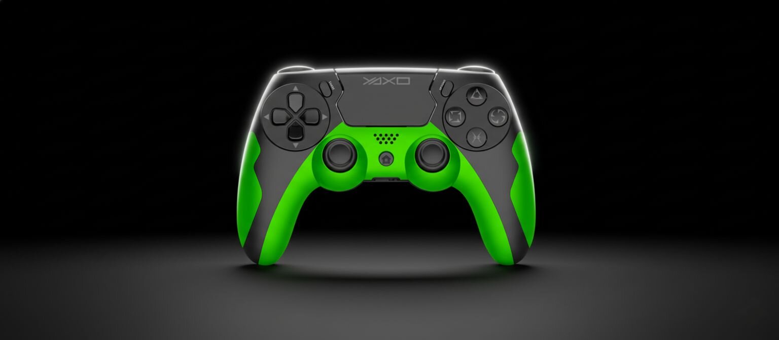 czarno-zielony gamepad na czarym tle, na pad pada światło