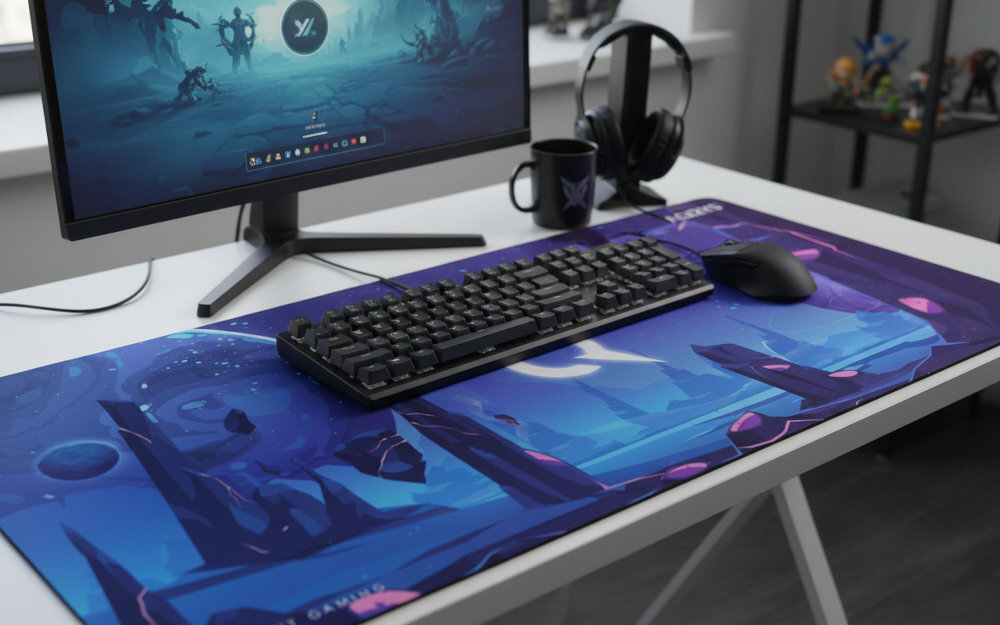 Podkładka AQIRYS Kraken - podkładka na biurku, na niej mysz i klawiatura