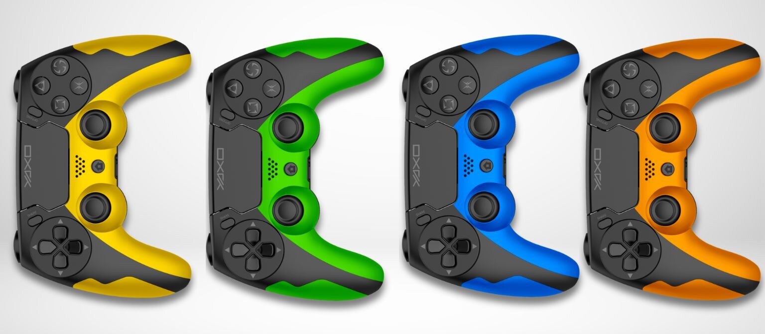 wszystkie 4 kontrolery yaxo w kolorze zółtym, zielonym, niebieskim i pomarańczowym
